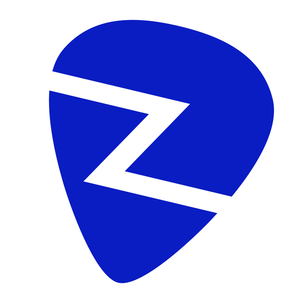 Blue guitar pick-shaped logo with a white diagonal zigzag line across the center.