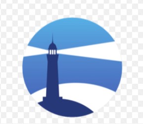 Stylized lighthouse silhouette in circular frame, blue gradient background, light beam effect.
