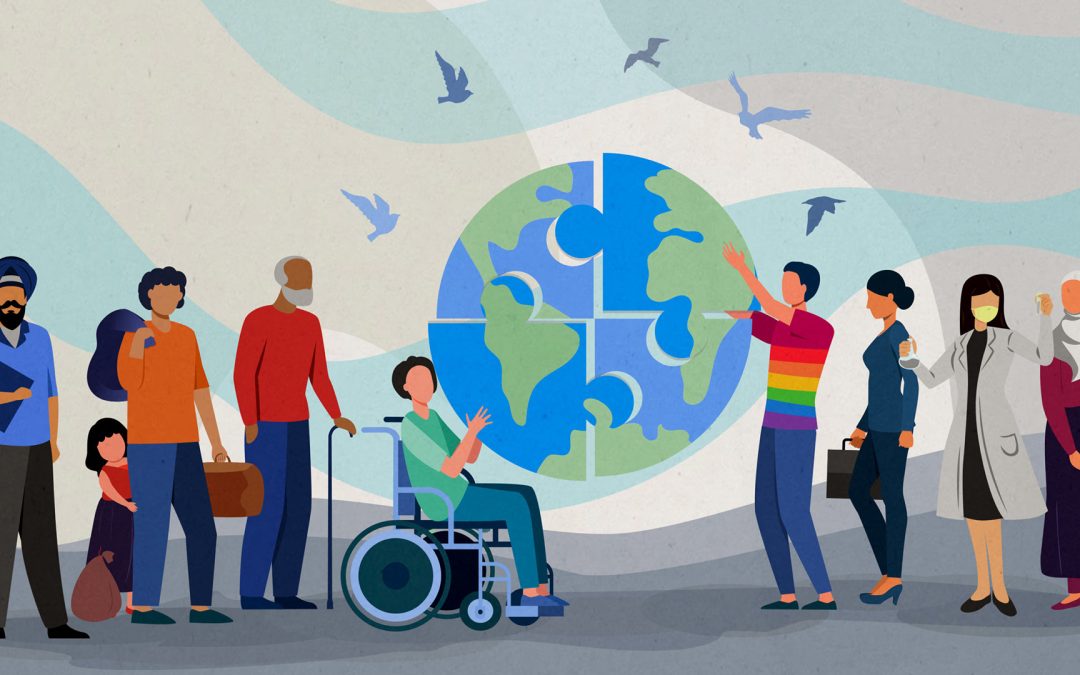 An illustration of the globe and people with disabilities travelling the world.