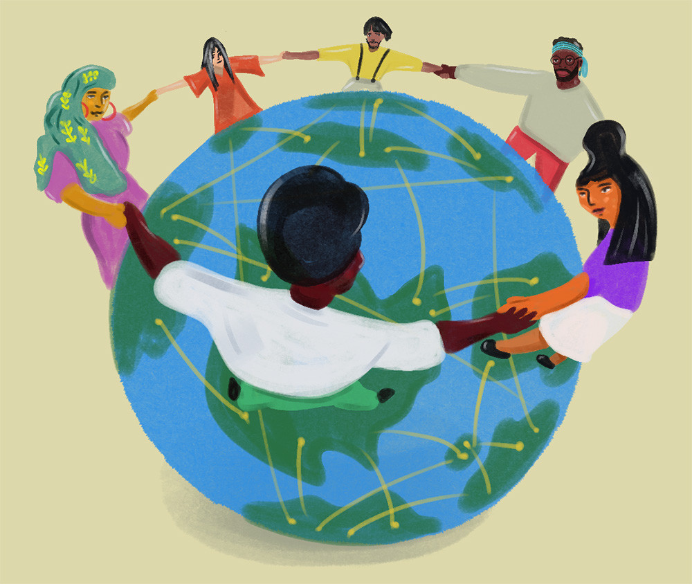 Global equality, a group of people from different races standing on the globe