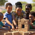 This vibrant, hopeful illustration depicts diverse Tanzanian children of various ages and abilities collaborating on a building project, perhaps constructing a school or community center. A teacher guides and encourages the children, symbolizing support and mentorship. The children and the teacher are actively engaged, expressing joy and determination. Focus on the collaborative spirit and the positive impact of education
