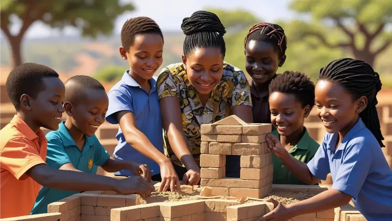 This vibrant, hopeful illustration depicts diverse Tanzanian children of various ages and abilities collaborating on a building project, perhaps constructing a school or community center. A teacher guides and encourages the children, symbolizing support and mentorship. The children and the teacher are actively engaged, expressing joy and determination. Focus on the collaborative spirit and the positive impact of education
