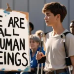 Inclusive Education Summit - A young male person of color with short brown hair, wearing a simple t-shirt and jeans, standing upright while leaning on crutches. He is beside a hand-painted sign that reads "We are all human beings" in bold, black lettering on a white background. The photo is outdoors in natural sunlight, with a slightly shallow depth of field to focus on the subject. Behind him, are a diverse crowd of people with disabilities,