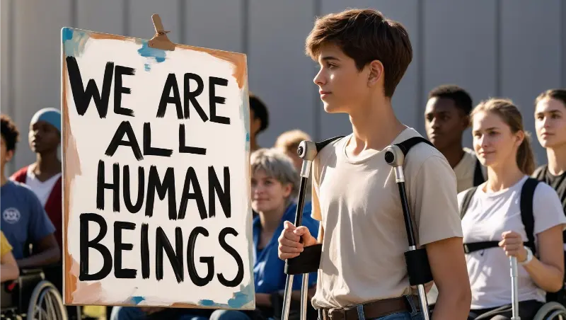 Inclusive Education Summit - A young male person of color with short brown hair, wearing a simple t-shirt and jeans, standing upright while leaning on crutches. He is beside a hand-painted sign that reads "We are all human beings" in bold, black lettering on a white background. The photo is outdoors in natural sunlight, with a slightly shallow depth of field to focus on the subject. Behind him, are a diverse crowd of people with disabilities,