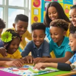 Create a vibrant, colorful image of a diverse group of children, including three boys and two girls, from various ethnic backgrounds, such as Asian, African, Hispanic, and Caucasian, aged 6-8, enthusiastica