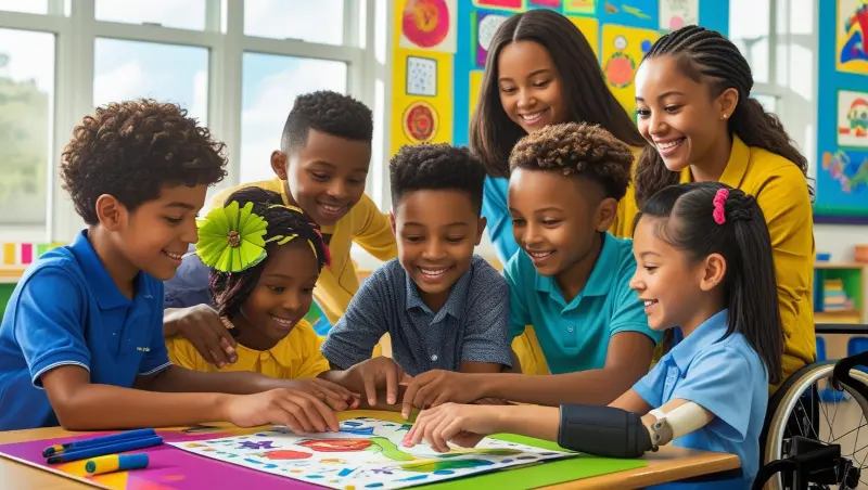 Create a vibrant, colorful image of a diverse group of children, including three boys and two girls, from various ethnic backgrounds, such as Asian, African, Hispanic, and Caucasian, aged 6-8, enthusiastica