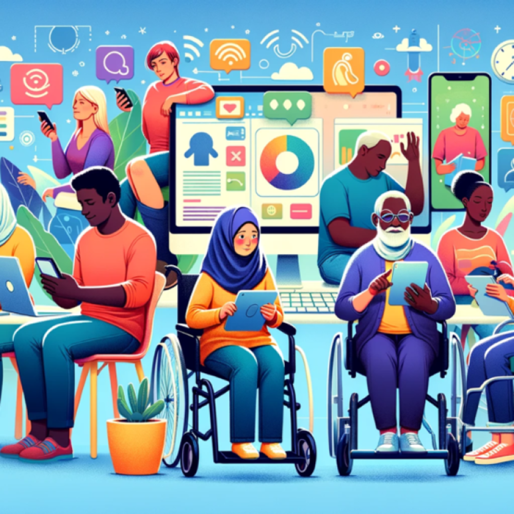 group of people with disabilities for example visually impaired, prospect legs and arms.